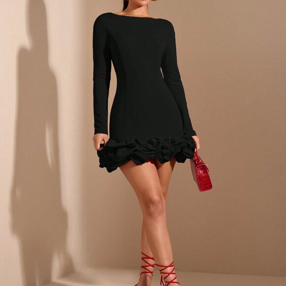 Black Elegant Women's Christmas Long Sleeve Tutu Dress - Picture 3 of 7